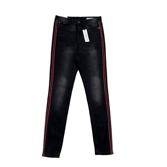 Red Herring UK Mila Black Wash Red Racing Stripe Skinny Jeans Size US 6 NEW - Picture 1 of 14